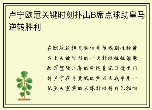 卢宁欧冠关键时刻扑出B席点球助皇马逆转胜利
